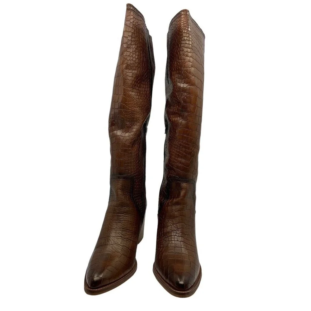 Diba True Do‎ Brown Crocodile Knee High Boots Stacked Heel Pointed Toe 10M